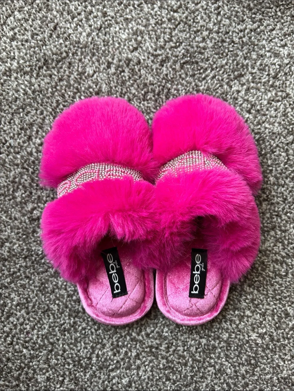 bebe Kids Fuchsia Faux Fur Slide Slippers with Crystal Band